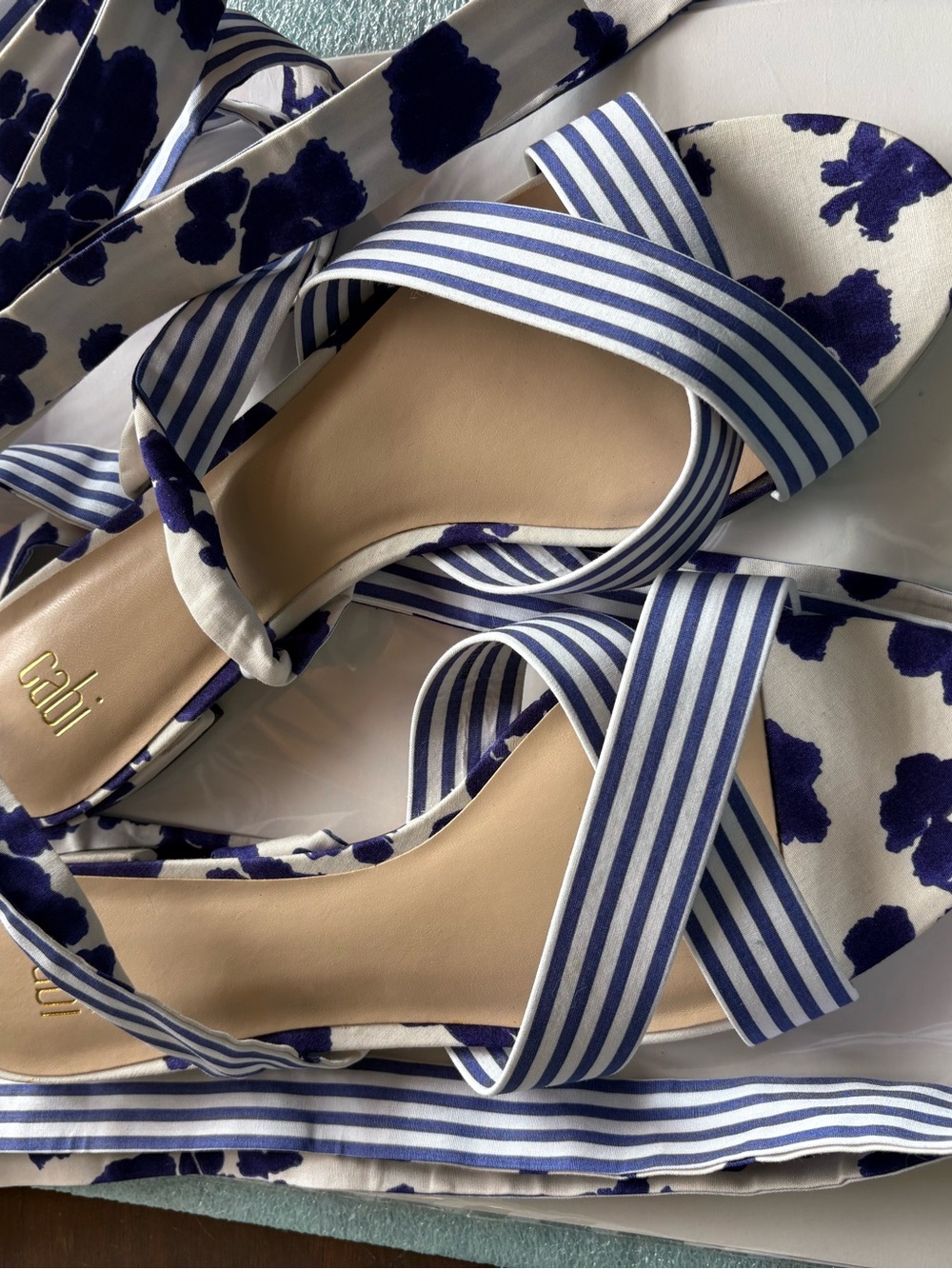 CAbi Blue & White Striped Floral Wrap Sandals - Women
